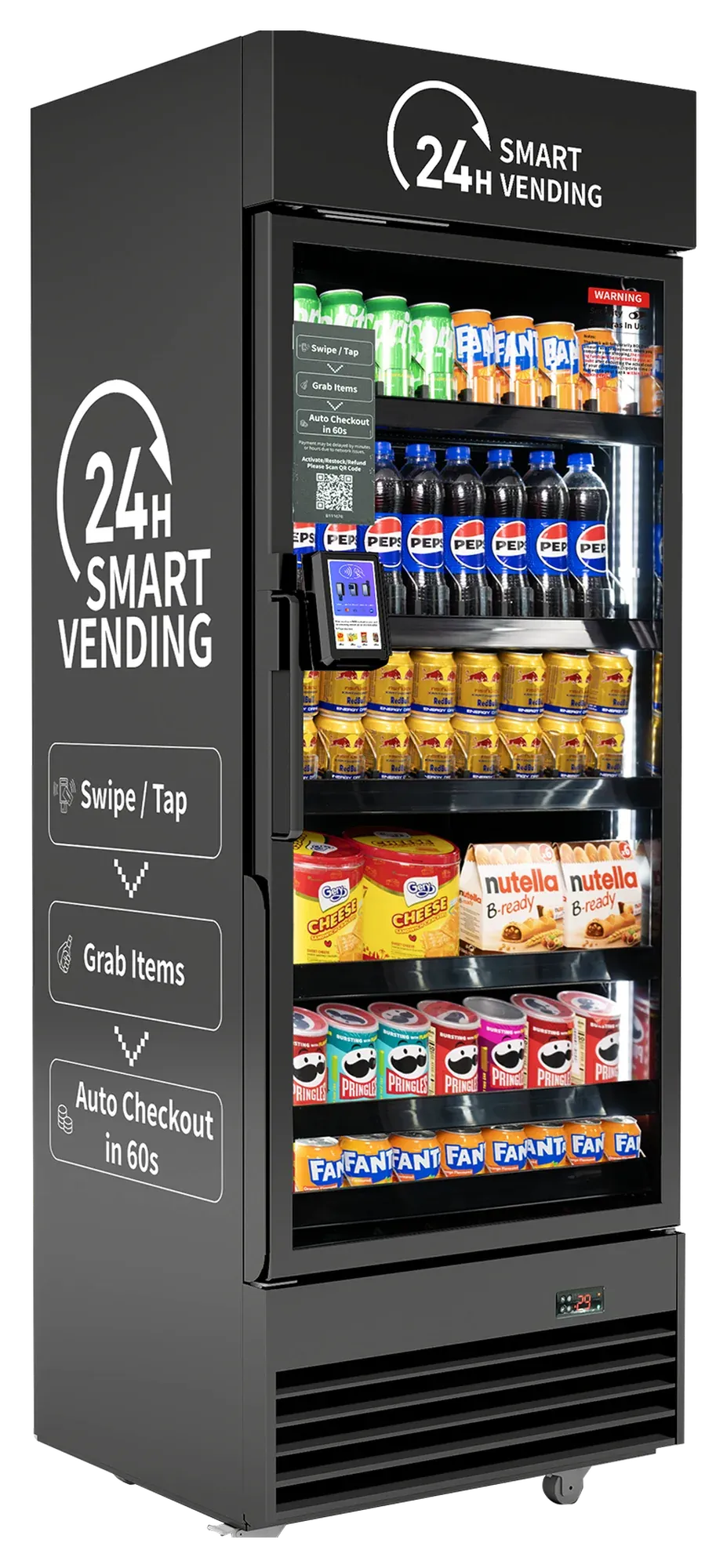 A smart cooler, three-quarter view, stocked with drinks and snacks.