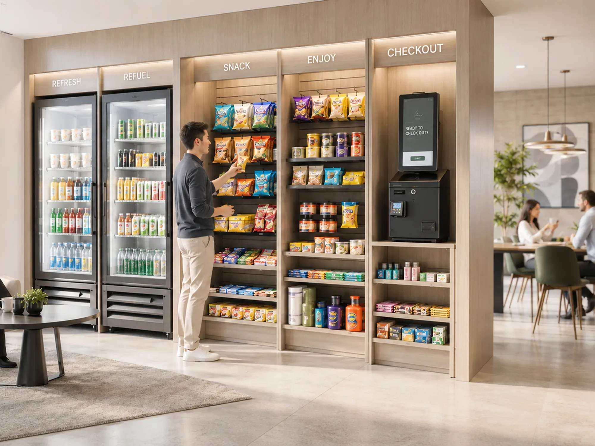A workplace micro market: two glass-door coolers, open shelves of snacks, and a self-checkout kiosk built into light oak millwork.