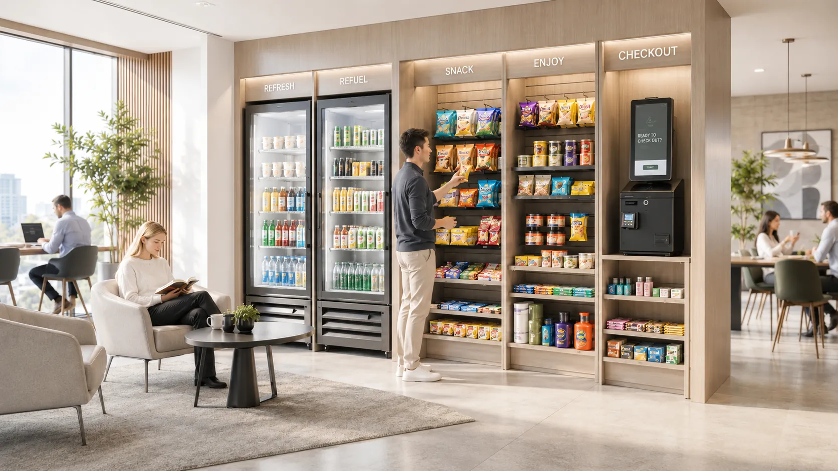 A workplace breakroom with a micro market along one wall and seating nearby.