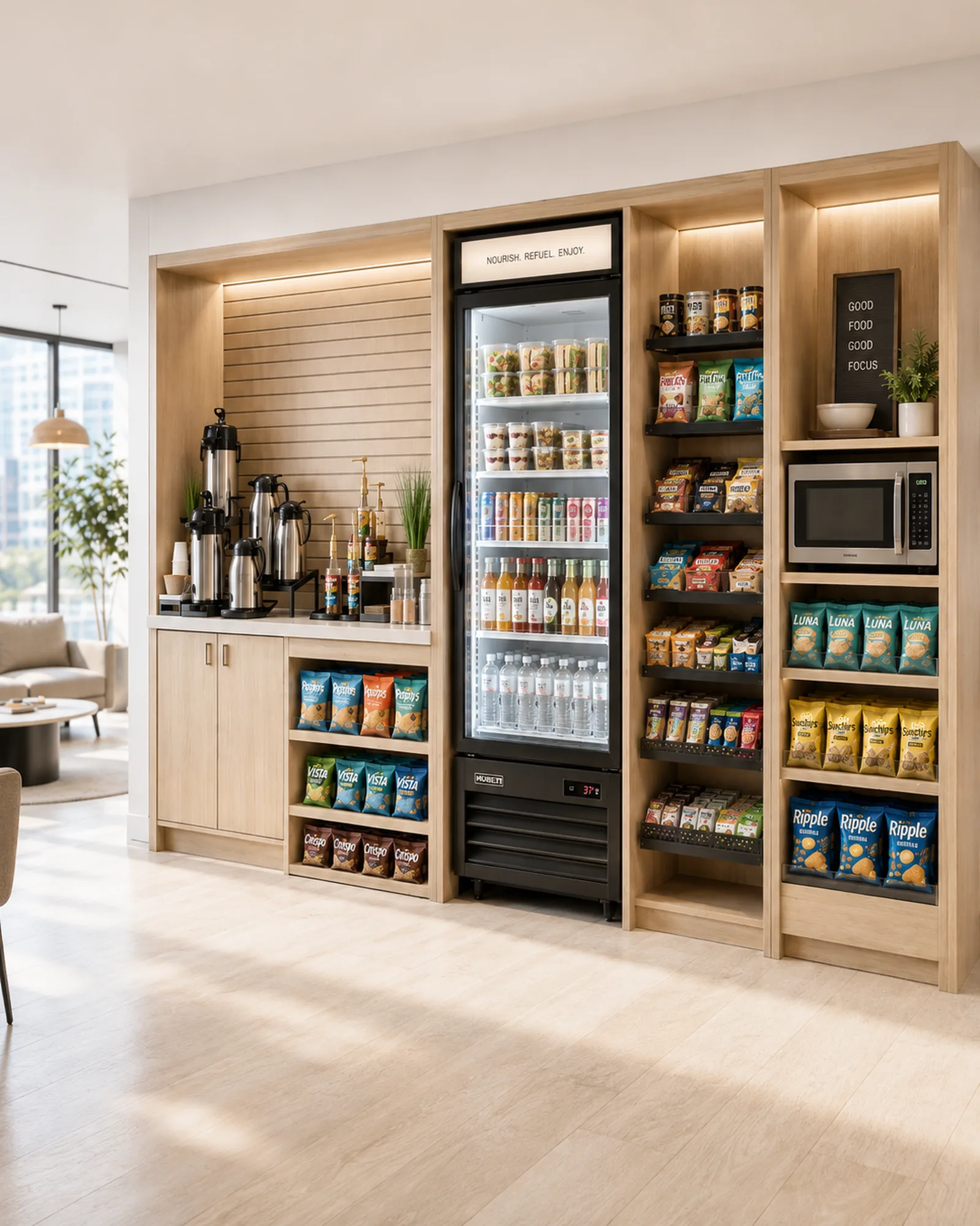 A micro market with a coffee station, a glass-door cooler and open snack shelving along one breakroom wall.