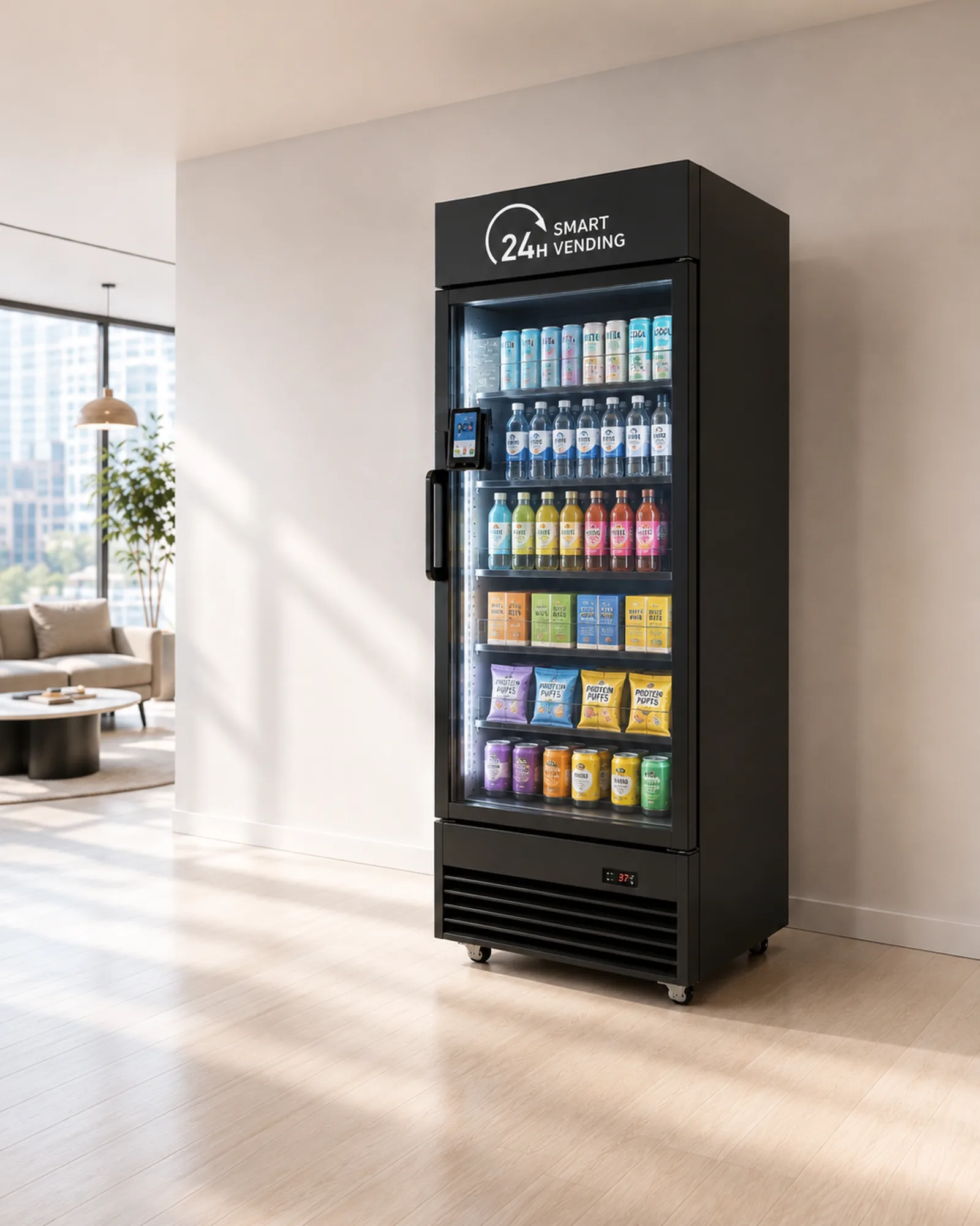 A single smart cooler standing against the wall of a sunlit office breakroom, stocked with drinks and snacks.
