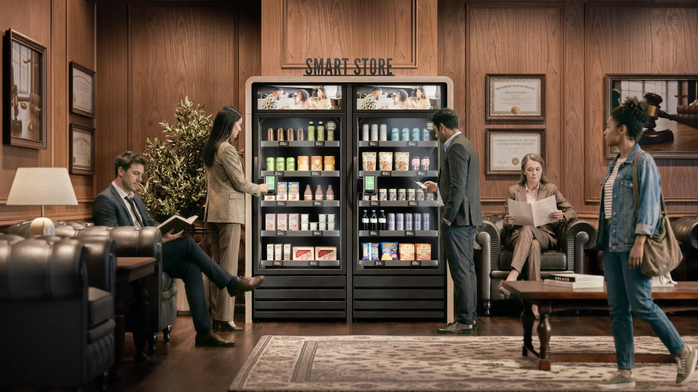 A two-unit smart market in a wood-panelled waiting room, in use by people between appointments.